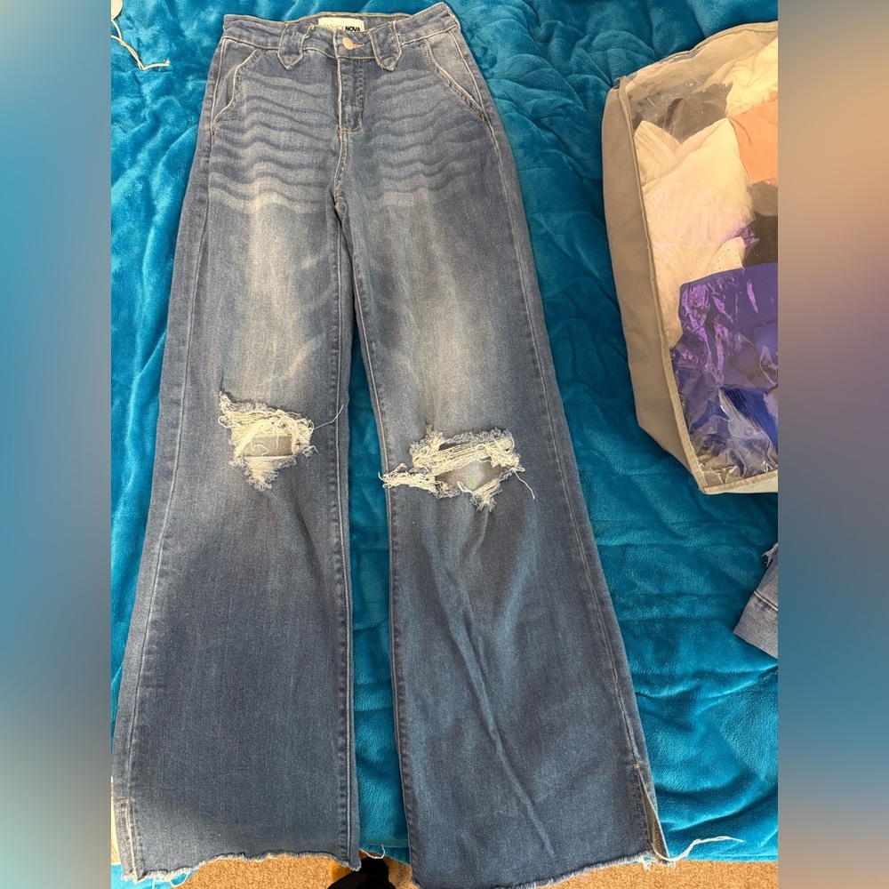 Fashion Nova Doubling Down Ripped Flare Jeans - Medium Wash